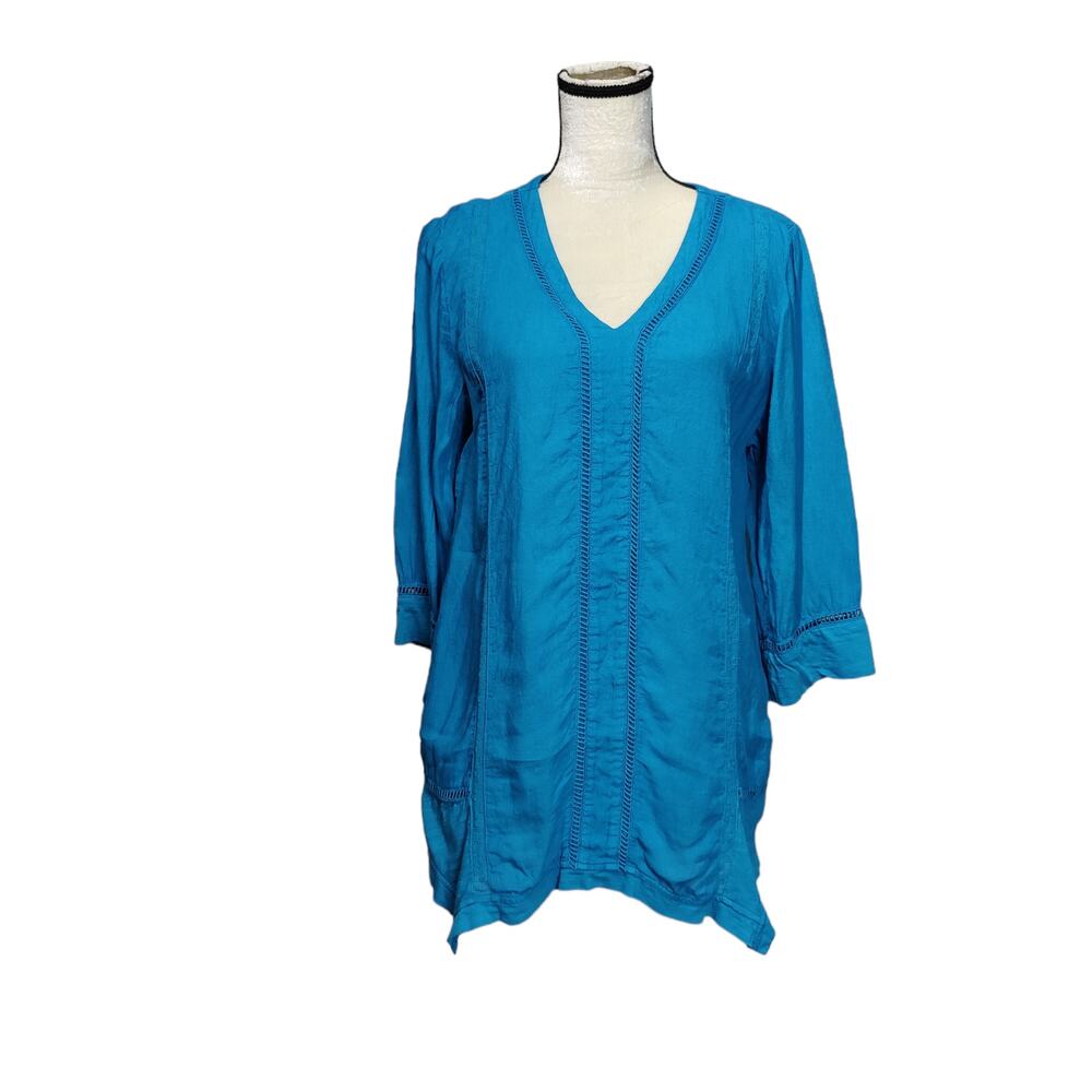 Soft Surroundings Women's Sz L Teal Leonie Linen Tunic Handkerchief Hem